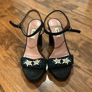 Embroidered Floral Black Suede Block Heels